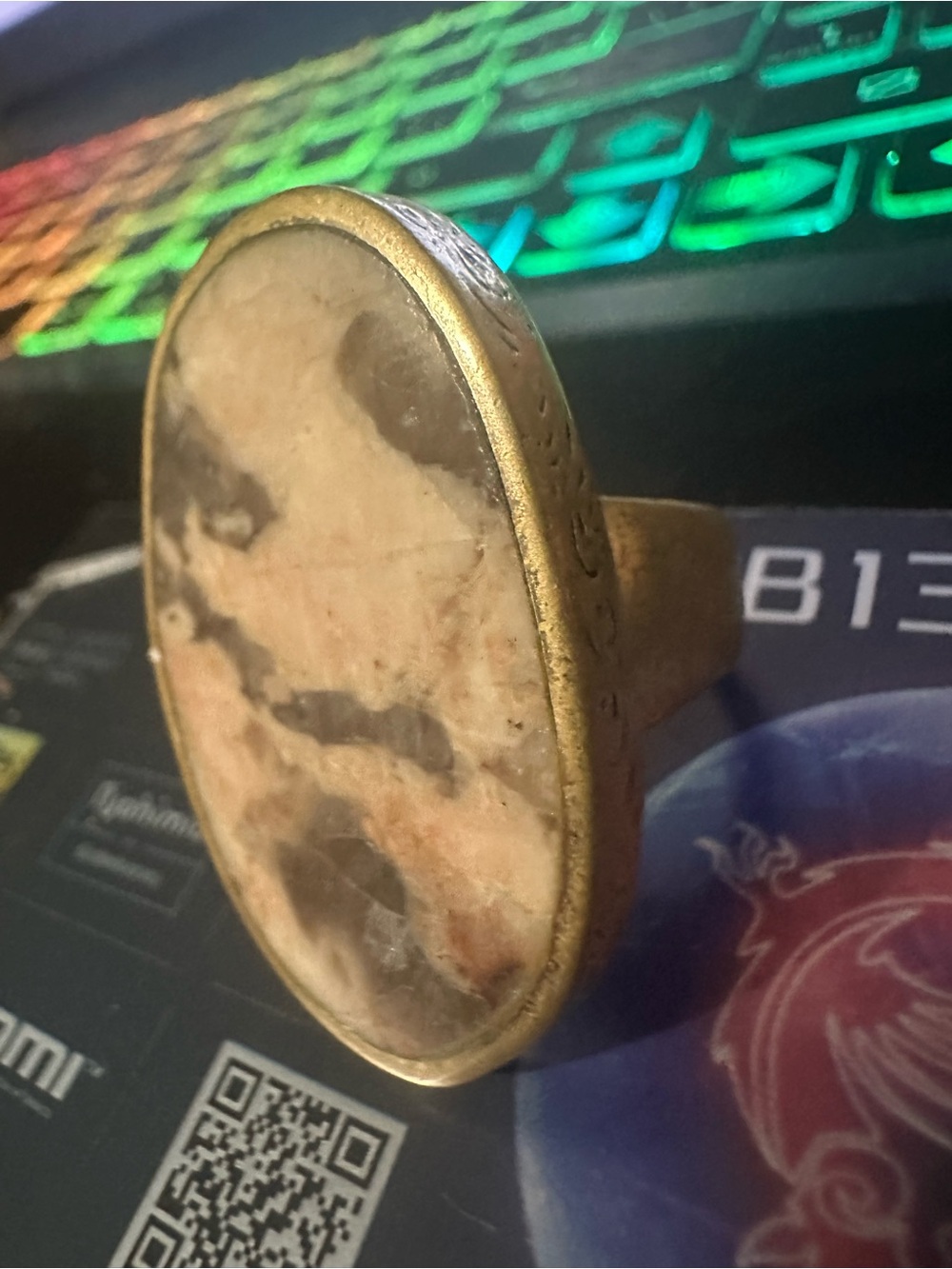 Oval Big Feldspar Natural Stone Statement Ring in solid Bronze